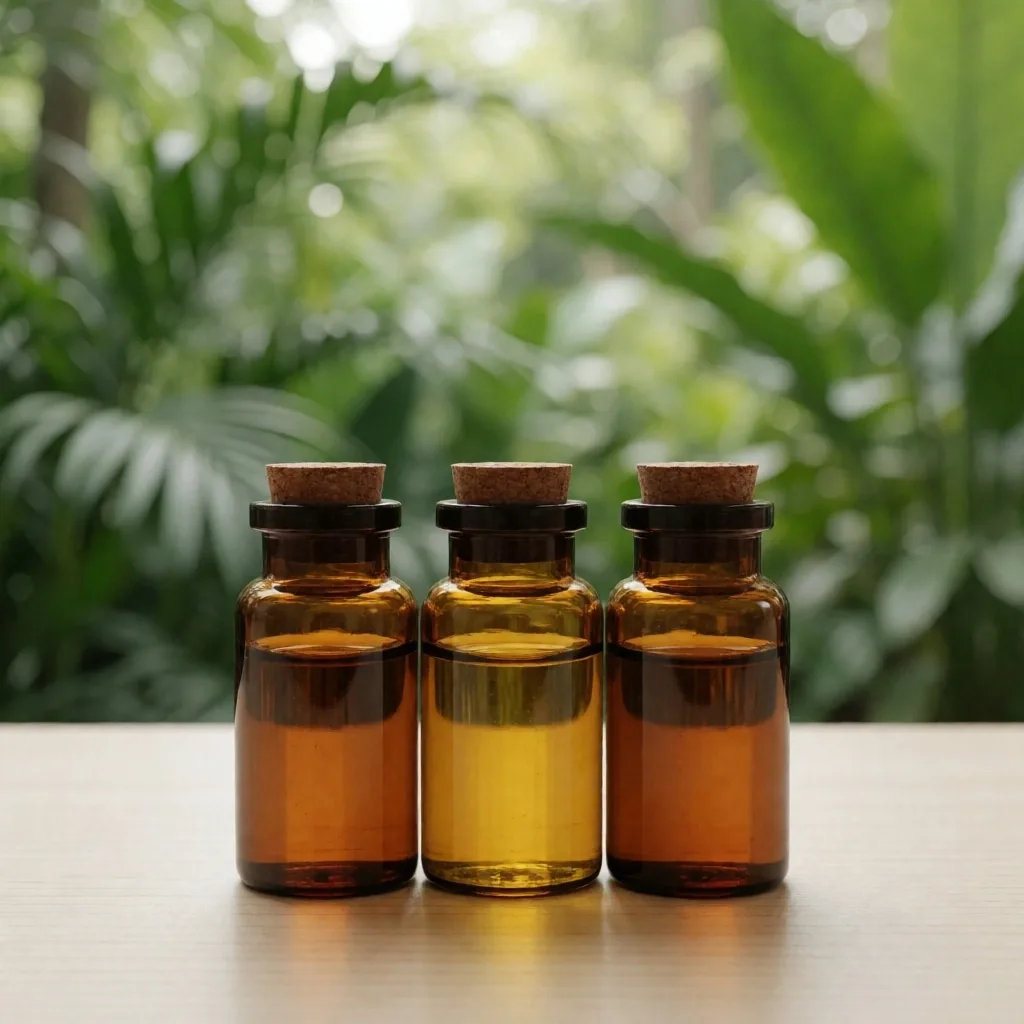 Amber glass apothecary bottles containing botanical tinctures on a light wooden surface
