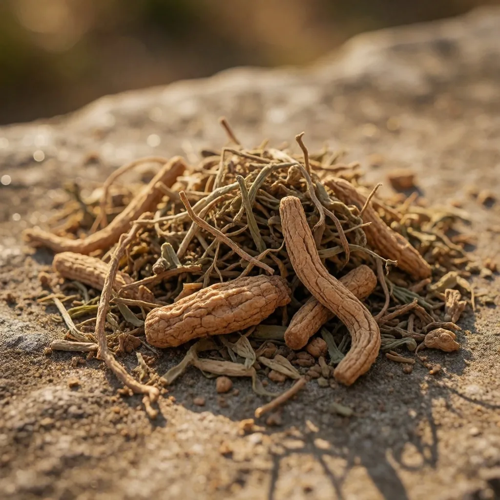 Dried botanical roots and bark resting on natural earth, photographed in warm daylight