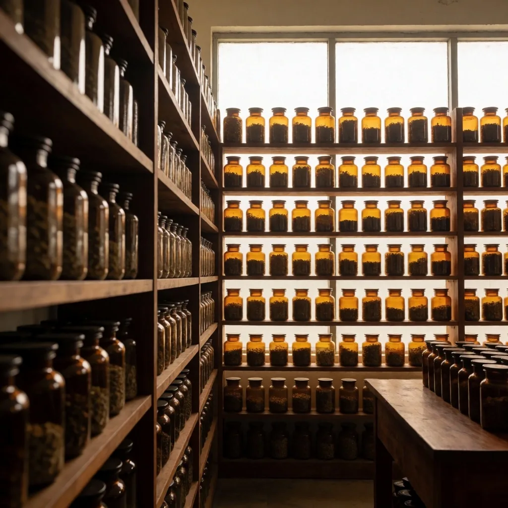 Interior of a botanical archive room with wooden shelves holding amber glass jars of dried herbs