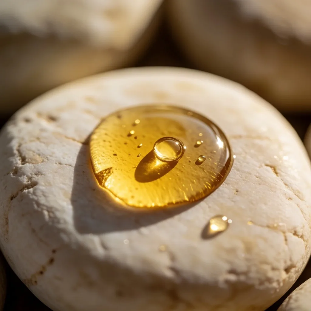 Amber oil droplets of vitamin D3 on stone