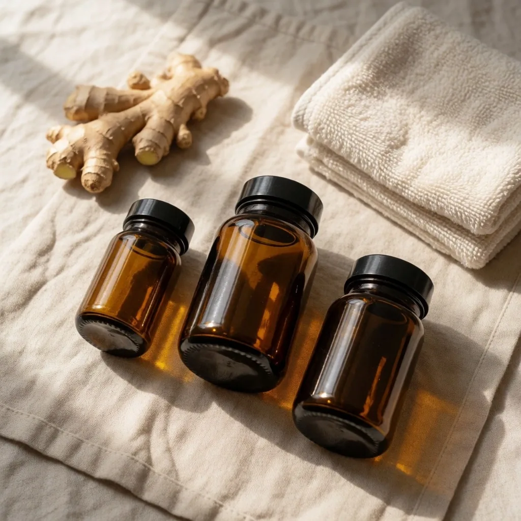 Arranged supplement bottles on linen