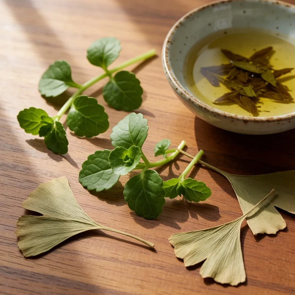 Pressed Ginkgo biloba leaves on parchment