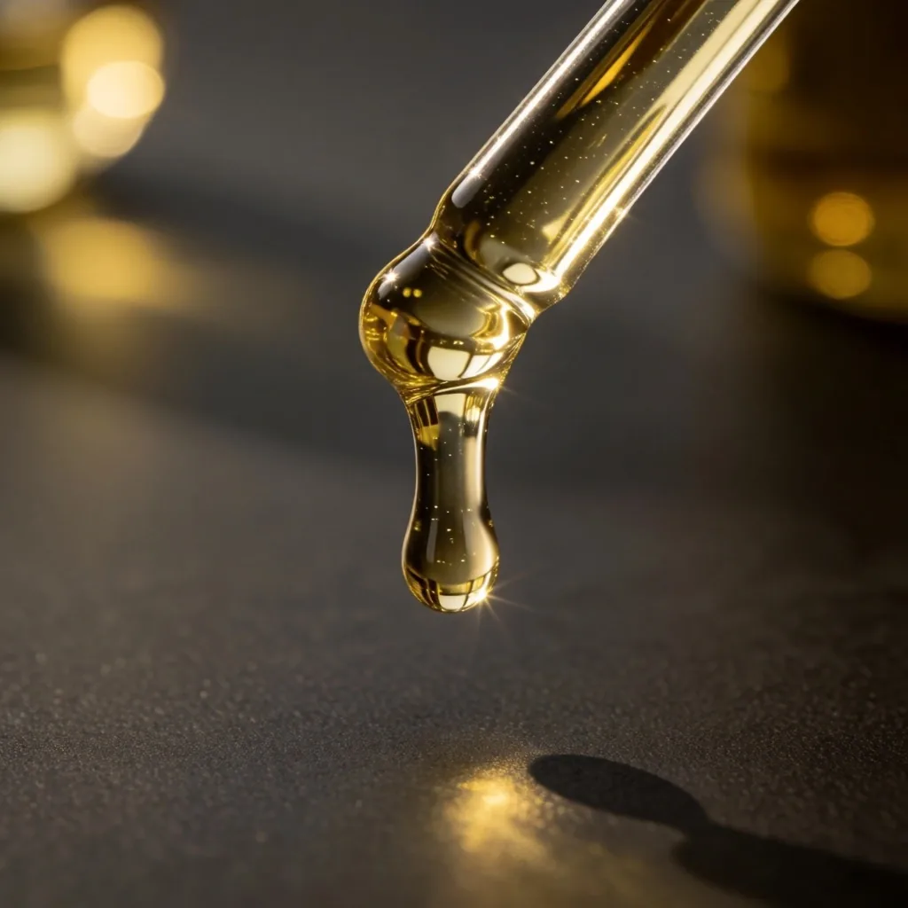 Amber herbal extract droplets photographed in warm light