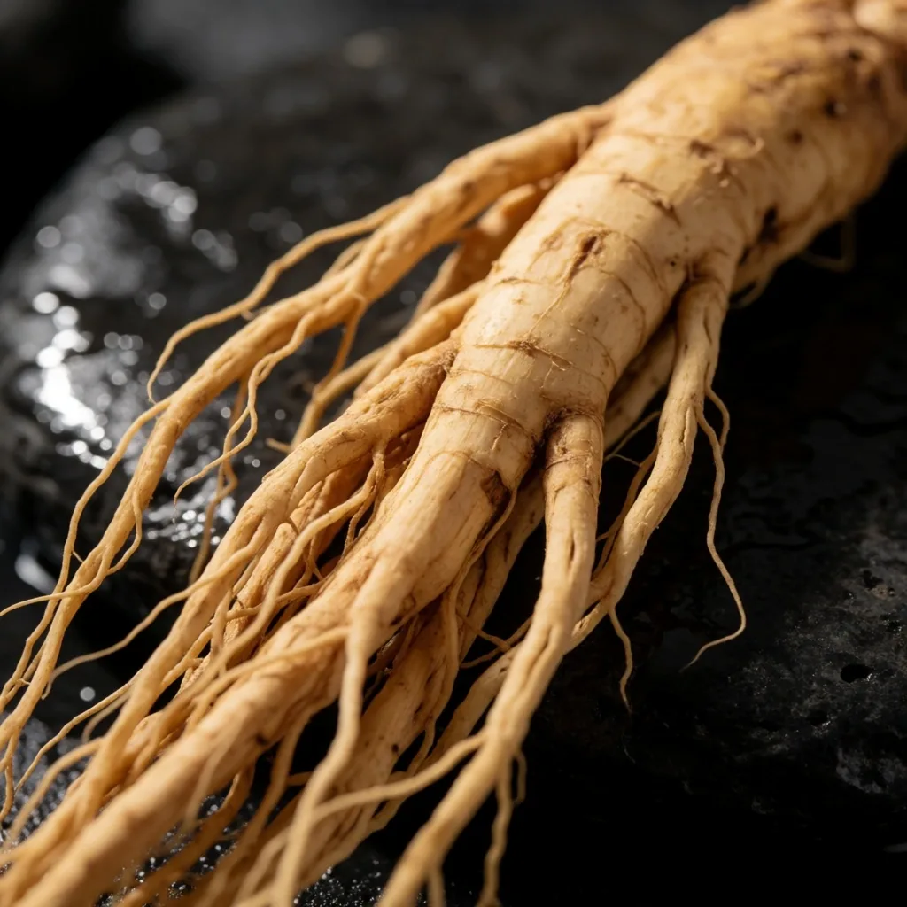 Single ginseng root on dark stone