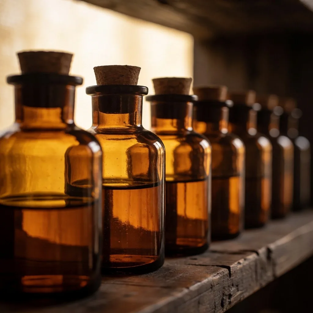 Amber glass bottles of botanical extracts arranged on a shelf