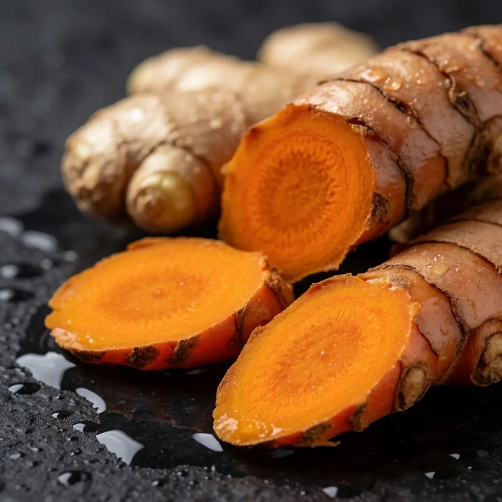 Fresh turmeric and ginger root on stone