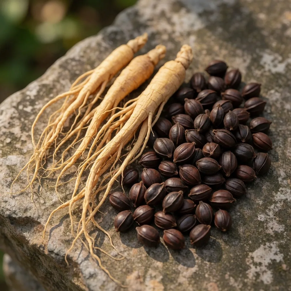 Guarana seeds and green tea leaves on parchment