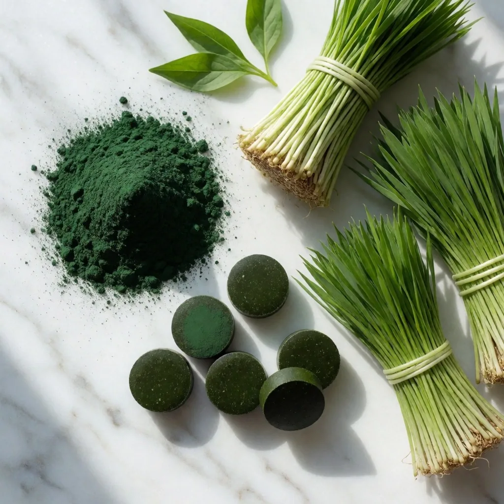 Spirulina powder and chlorella with wheatgrass