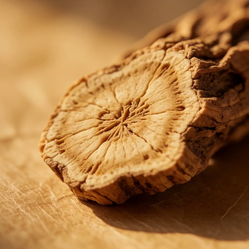 Dried botanical root cross-section on warm parchment