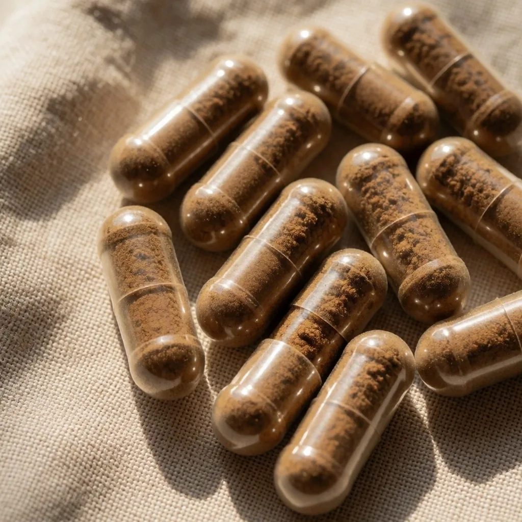 Plant-based supplement capsules on linen fabric